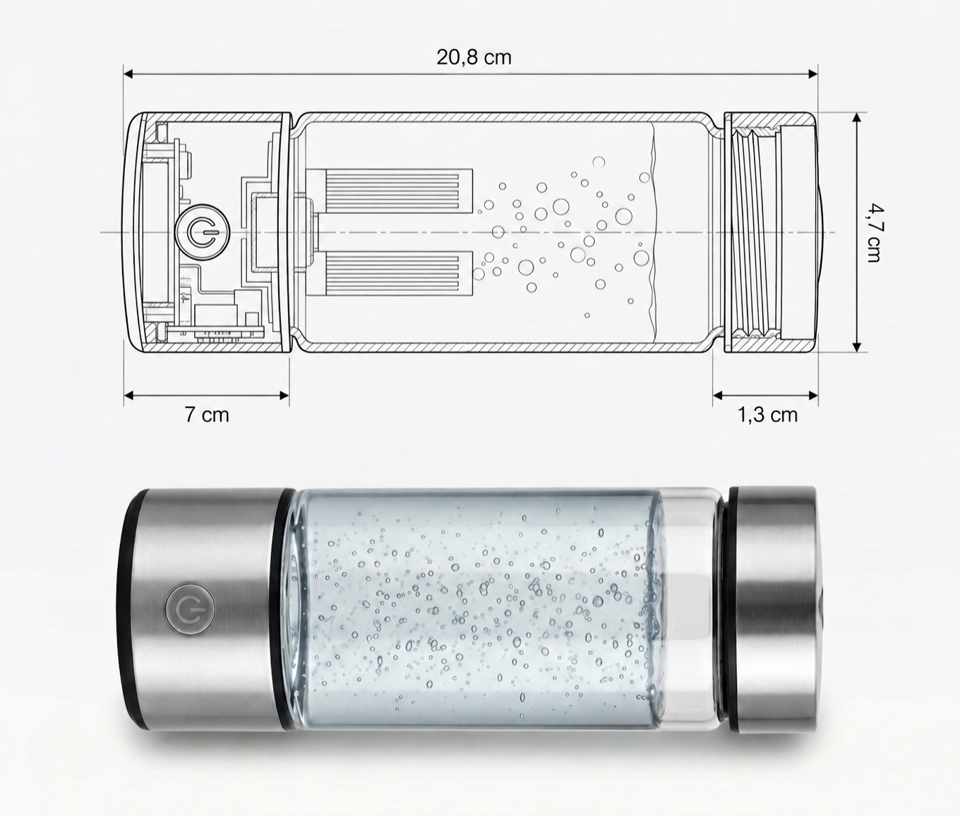 Abmessungen der Rila Hydrogen: 20,8 cm Höhe, 7 cm Breite